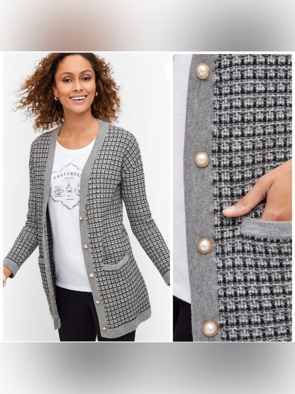 Talbots Merino Wool Long Cardigan Pearl Buttons Black White Min Plaid Pockets M